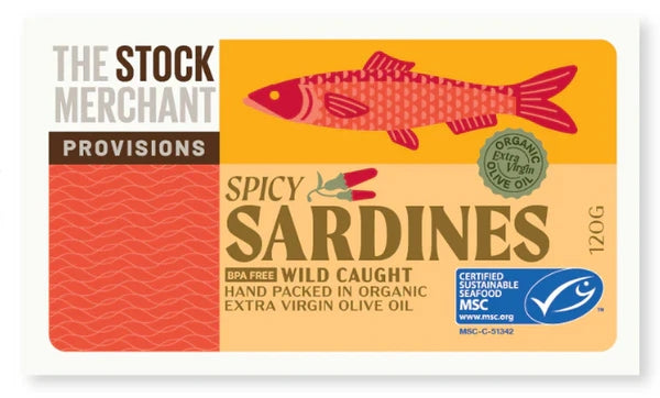The Stock Merchant - MSC Certified - Extra Virgin Olive Oil - Spicy Sardines - 36 x 120g