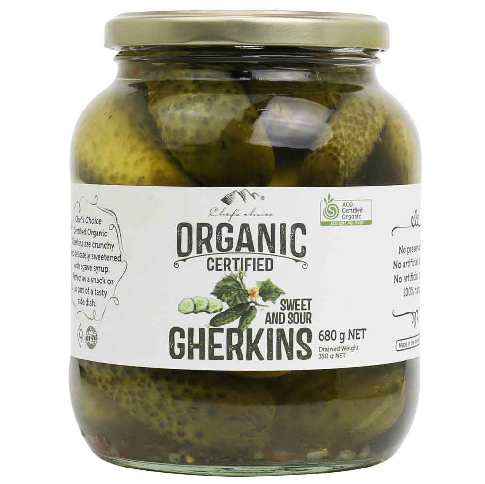 Chef's Choice - Organic In Brine - Gherkins Sweet and Sour 6 x 680g