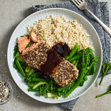 Load image into Gallery viewer, My Muscle Chef - Chia Crusted Salmon with Soy Glaze, Broccolini &amp; Rice
