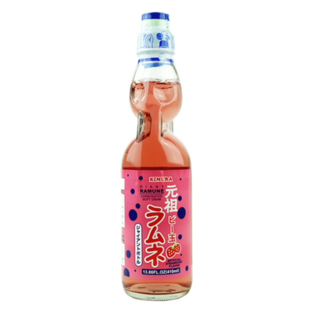 Kimura Ramune - Giant - Japanese Beverage - Marble Pop Soda Strawberry - 15 x 410ml