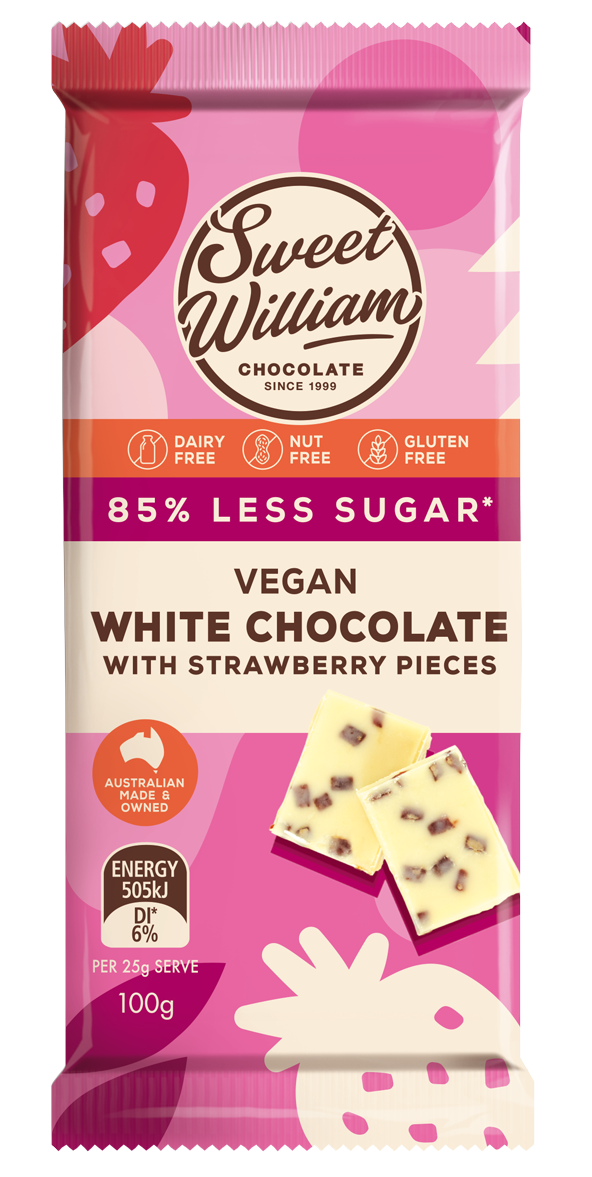 Sweet William - Less Sugar White Chocolate Strawberry 12 x 100g